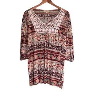One World Women Bohemian Floral Long Sleeve Flowy Blouse Size XXL